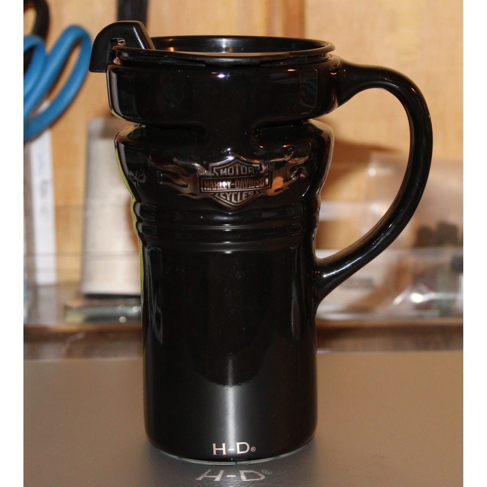 Harley Davidson Ceramic Travel Mug Black Silver Embossed Flame Logo‎ with Lid